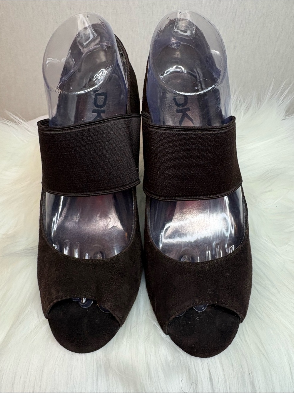 DKNY Brown Suede Peep-Toe Heels with Wide Elastic Strap